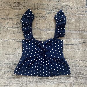 Navy Blue Polka Dot Ruffle Top